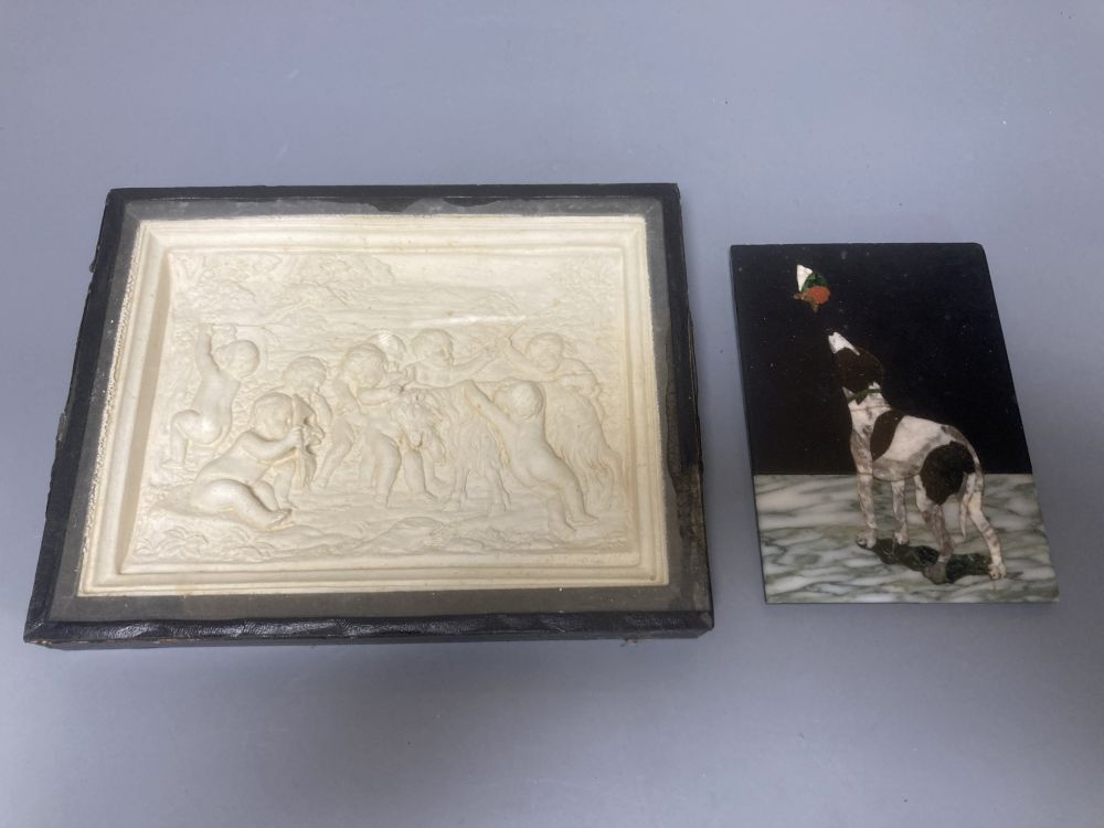 A Neapolitan pietra dura plaque, depicting a dog and a butterfly, 13 x 9cm and a moulded composition plaque
